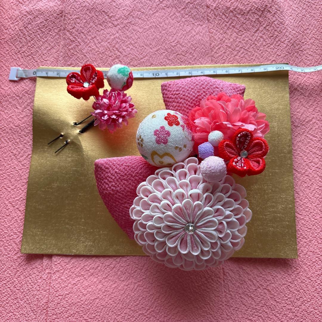 60 正絹？　真紅×小花柄　七五三着物セット　被布　3歳　日本製