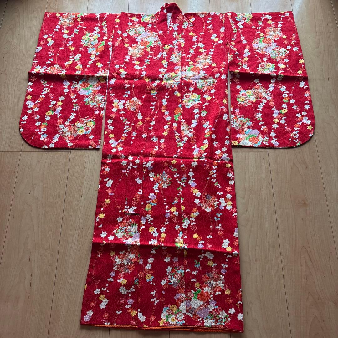 60 正絹？　真紅×小花柄　七五三着物セット　被布　3歳　日本製