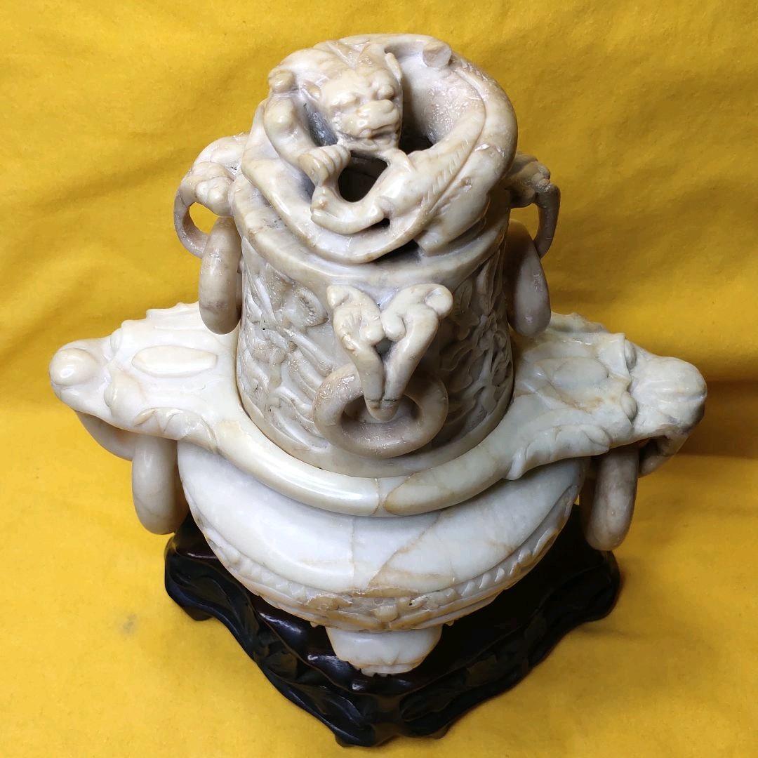 玉石彫刻 遊環香炉 木彫り台 共箱 石細工 アンティーク 旧家蔵出 風水グッズ