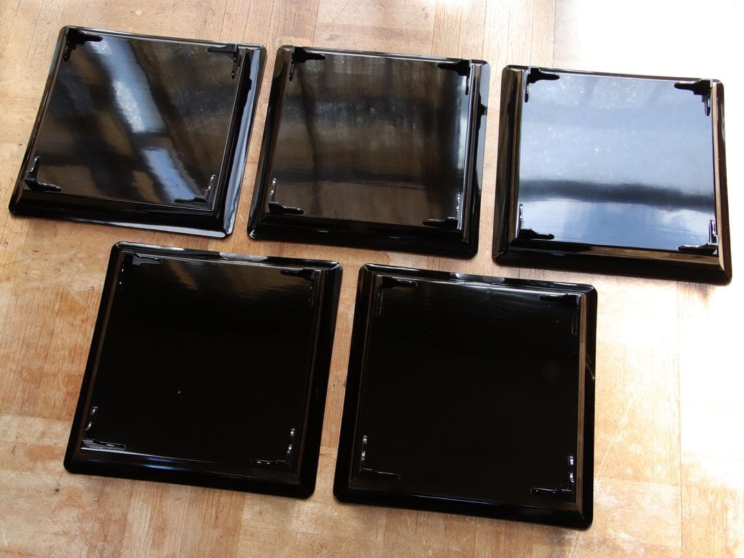 木製　螺鈿　古い黒塗吸物膳5客　足付　三重扇面蒔絵　金銀蒔絵　茶懐石　漆器　花鳥