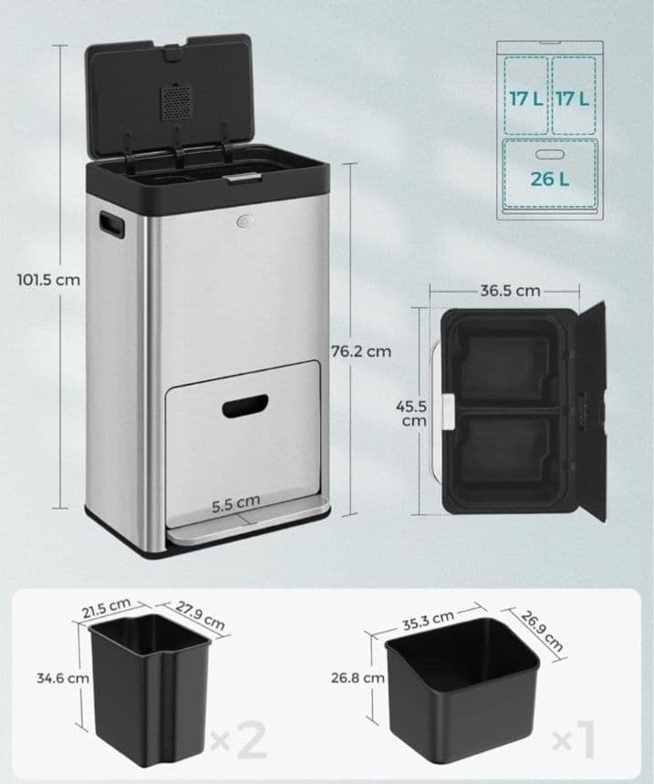 #新品訳ありゴミ箱2段式3分別 縦型 計60L ペダル式キャスター ステンレス製