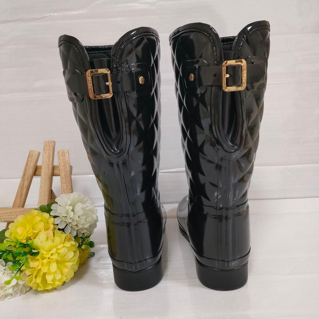 未使用級 HUNTER レインブーツ 金金具 リファインドグロスキルト UK6