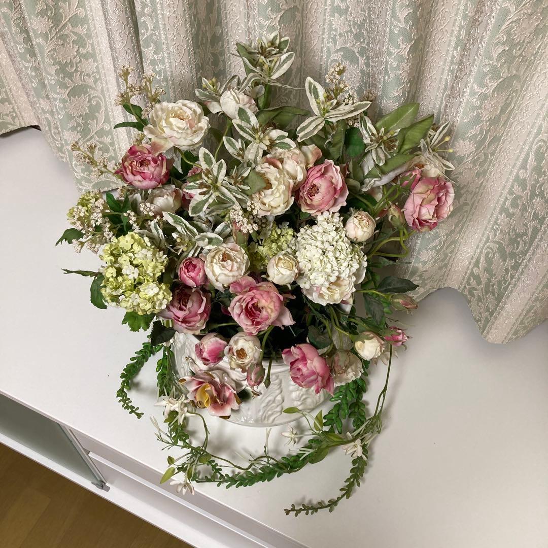 【造花付】カポディモンテ イタリア製 花瓶 フラワーベース 白＋虹色コーティング