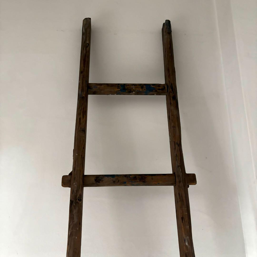 引き取り限定 昭和 レトロ 木製 古い長い梯子 ハシゴ グリーン ハンギング