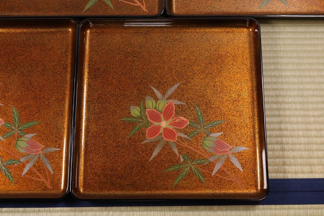 輪島塗 木製 花の蒔絵 梨地 四方膳 五客 芙蓉 木槿 卓上 茶懐石【CM187