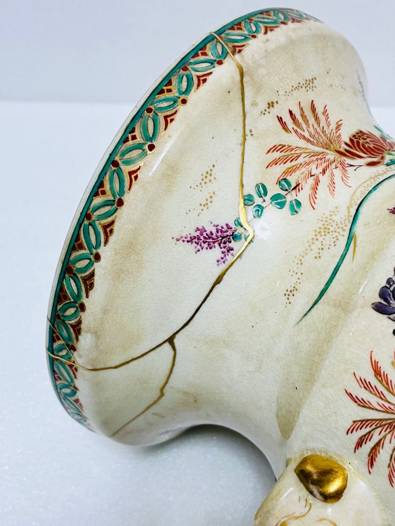 最終価格 明治 薩摩焼 京薩摩 9代帯山与兵衛 上絵金彩色絵草花文象耳付花瓶