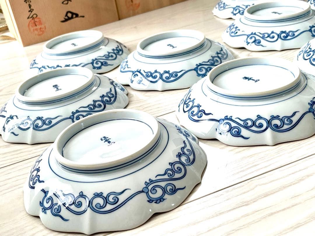 源右衛門 染錦草花文 和菓子皿 是米木窯 10客　染付　共箱