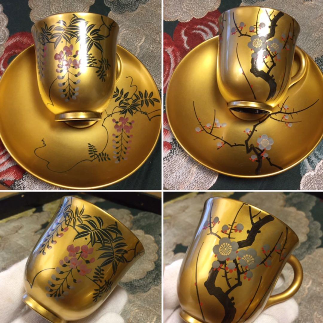 ❣特別出品 極上木製漆 絵替季節の花蒔絵 デミタス6客セット スプーン付