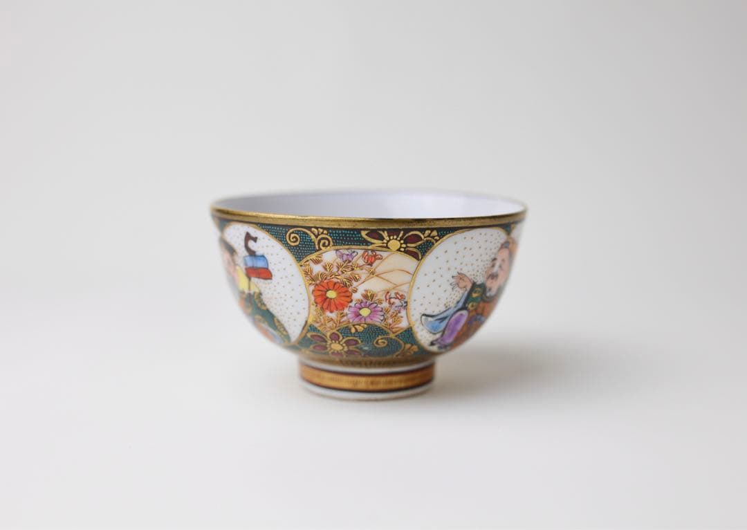 九谷焼　寿老人　細密絵　青海波　七宝図　青粒　煎茶器　急須　茶碗