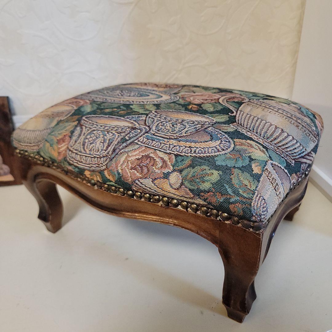 ヴィンテージオットマン　スツール　ゴブラン織り　ティーポット-カップ柄　低タイプ