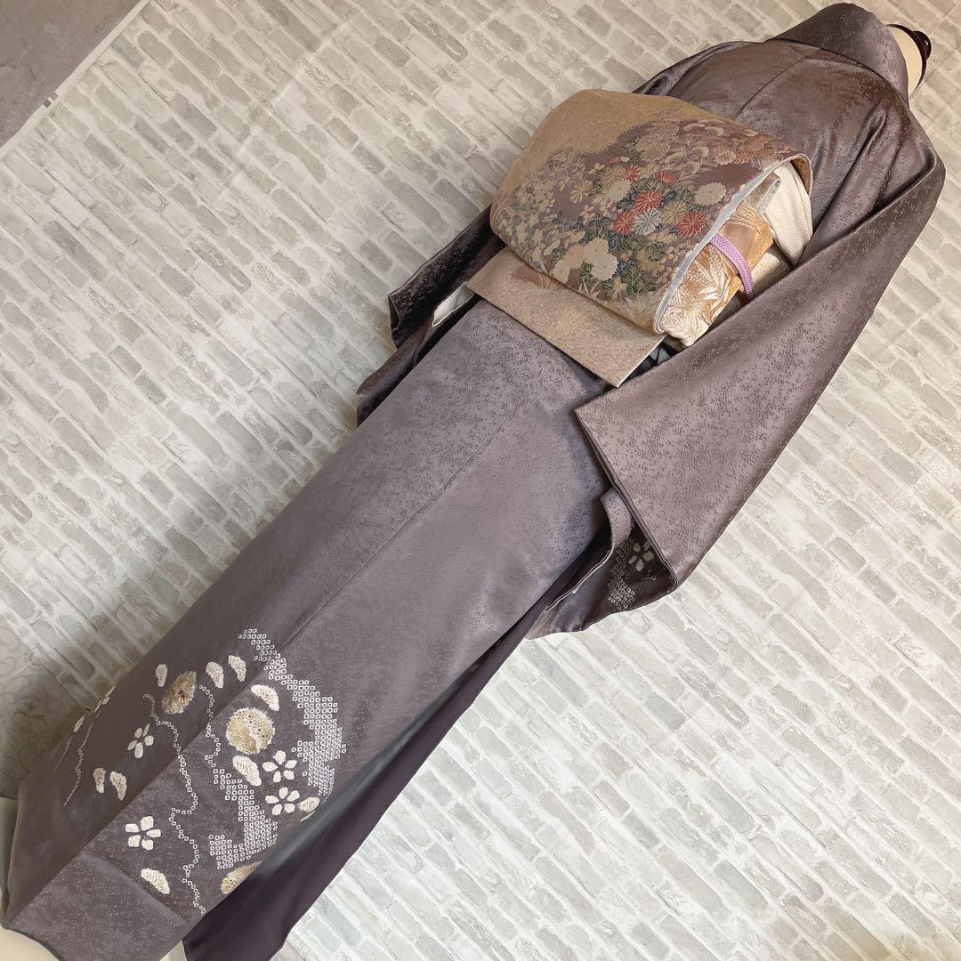 訪問着　フルセット　雪輪　松と梅　鹿の子絞り　金彩加工　手刺繍　着物　Q5
