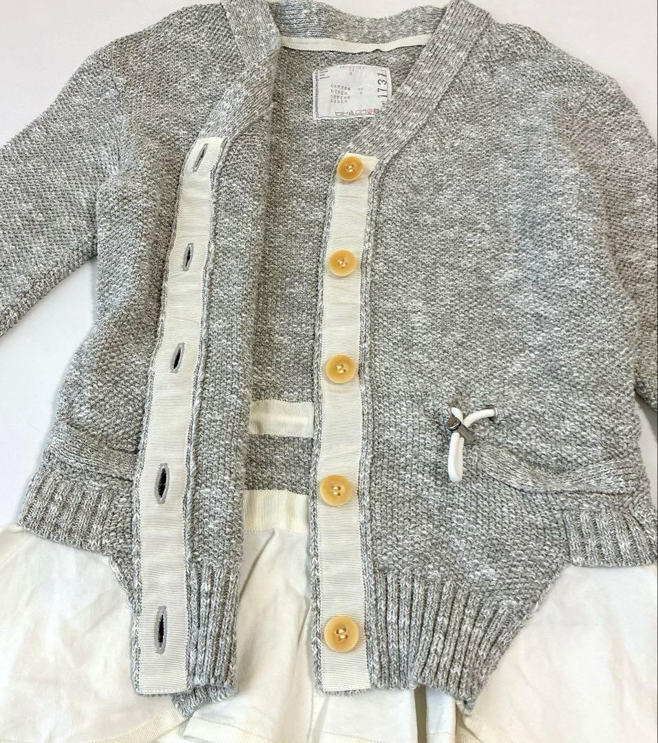 sacaiライトグレー コットンニットカーディガン 長袖 裾フリル ドッキング