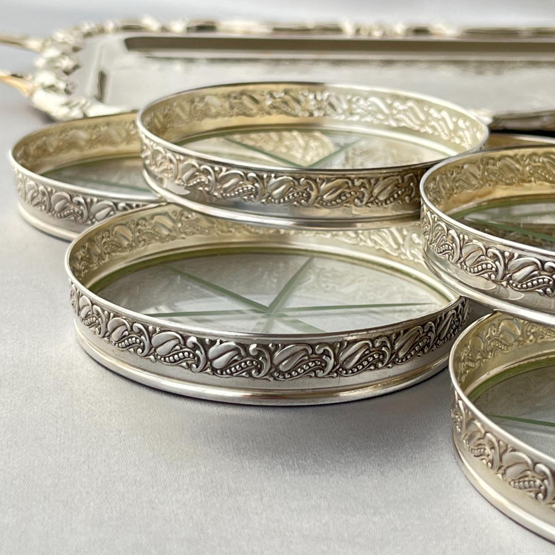 【Webster】 【純銀 / ガラス】レリーフのワイングラスコースター 8枚