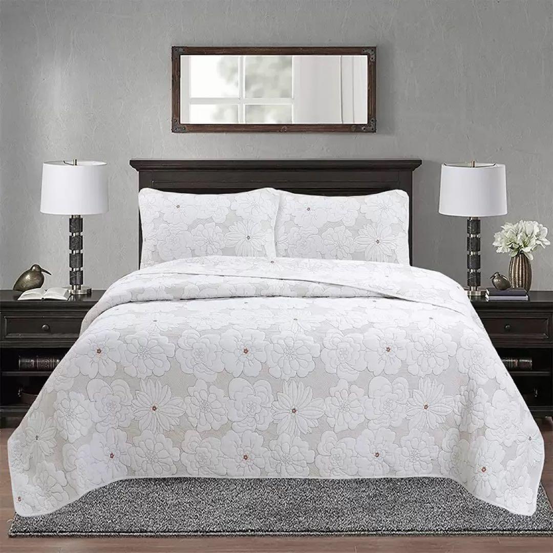 キルトベッドカバー3点セット綿マルチカバー キルティング 164白