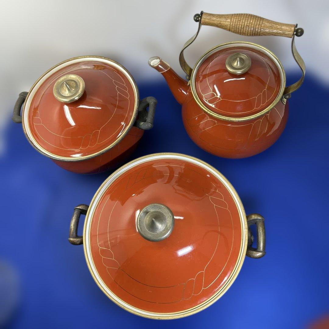 赤いセラミック鍋セット 2鍋1ケトル ヴィンテージの鍋