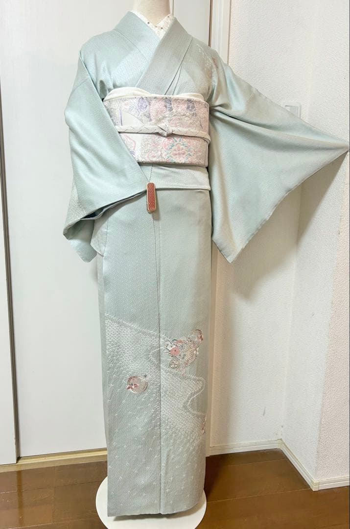 美品　水色　汕頭刺繍　正絹訪問着　フルセット4点　卒業式　入学式　七五三