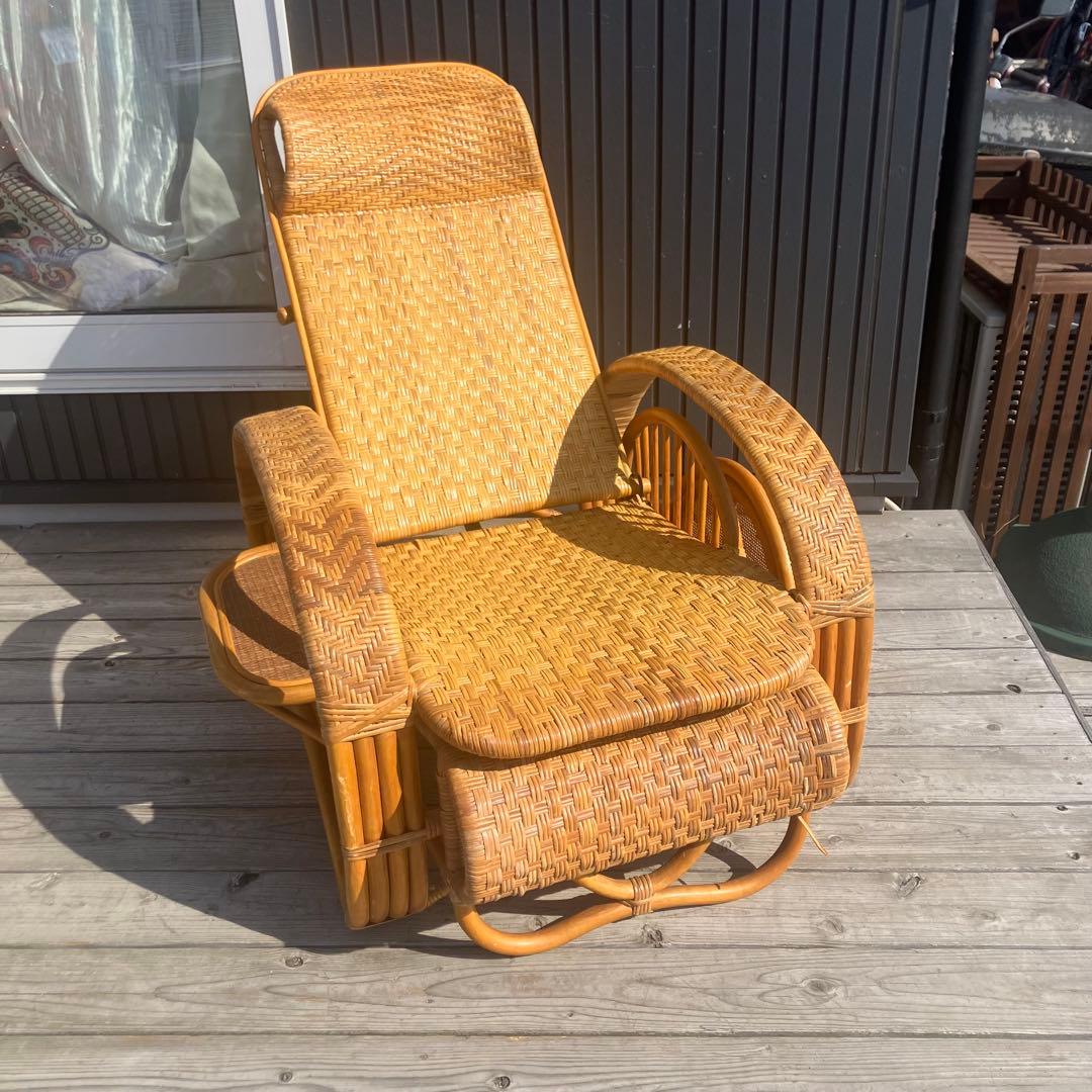 昭和レトロ ラタンリクライニングチェア オットマン付き 1人掛けソファー 古家具