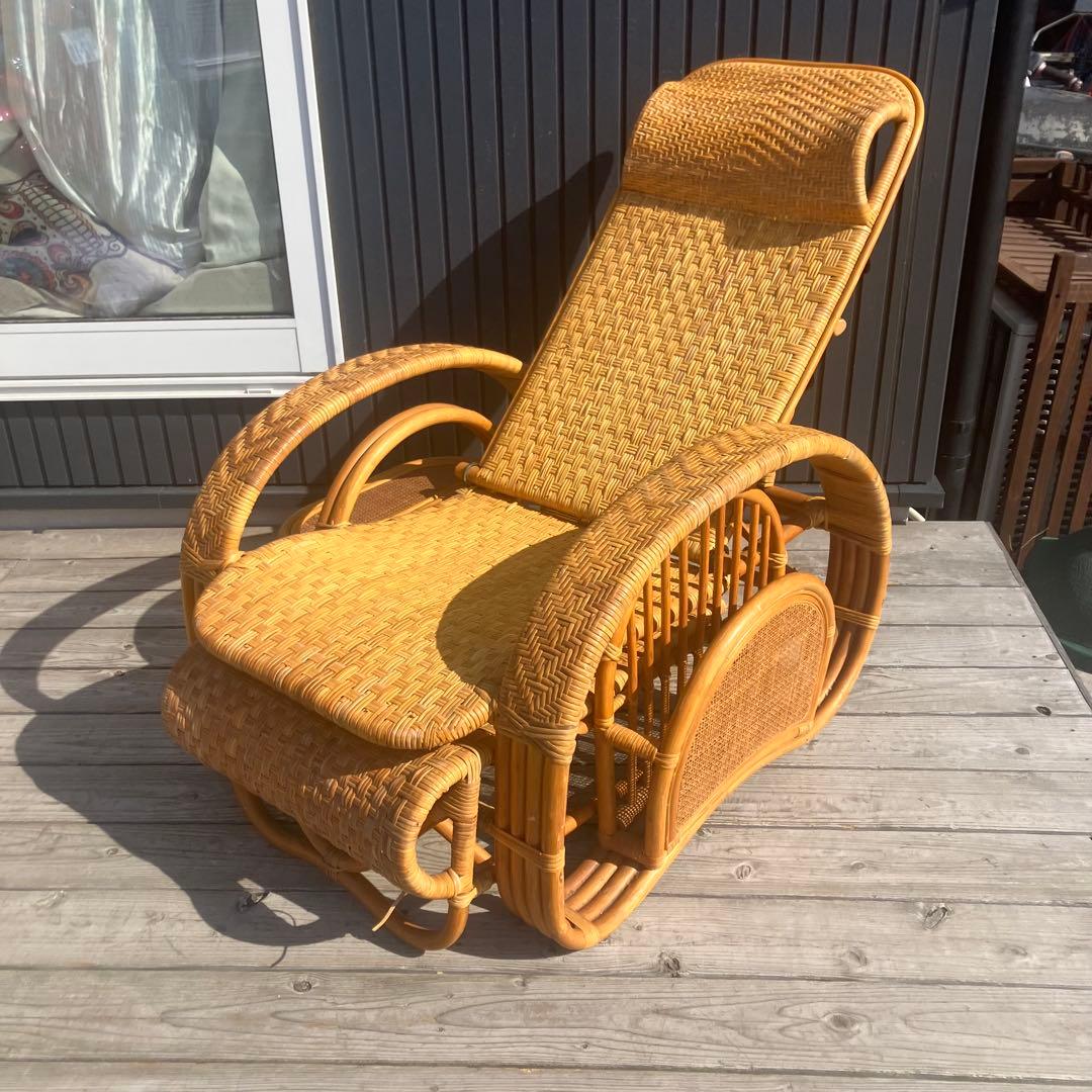 昭和レトロ ラタンリクライニングチェア オットマン付き 1人掛けソファー 古家具
