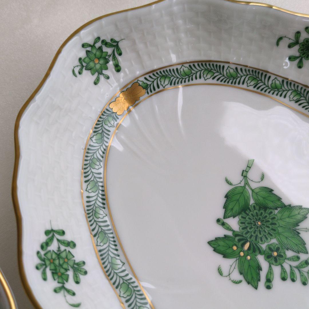 美品ヘレンド アポニーグリーン オーバル プレート2枚組　ペーパーナプキン付き