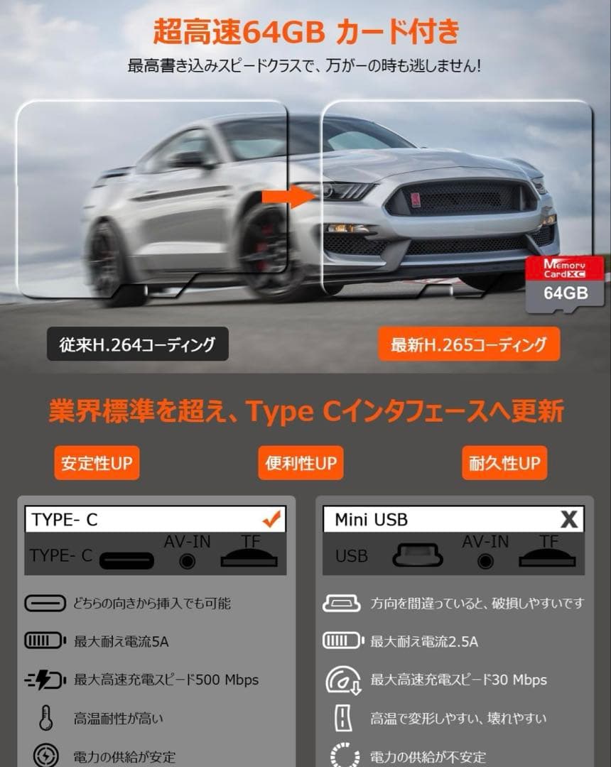ドライブレコーダー ミラー型 フロントカメラ4K+リアカメラ1080Pドラレコ