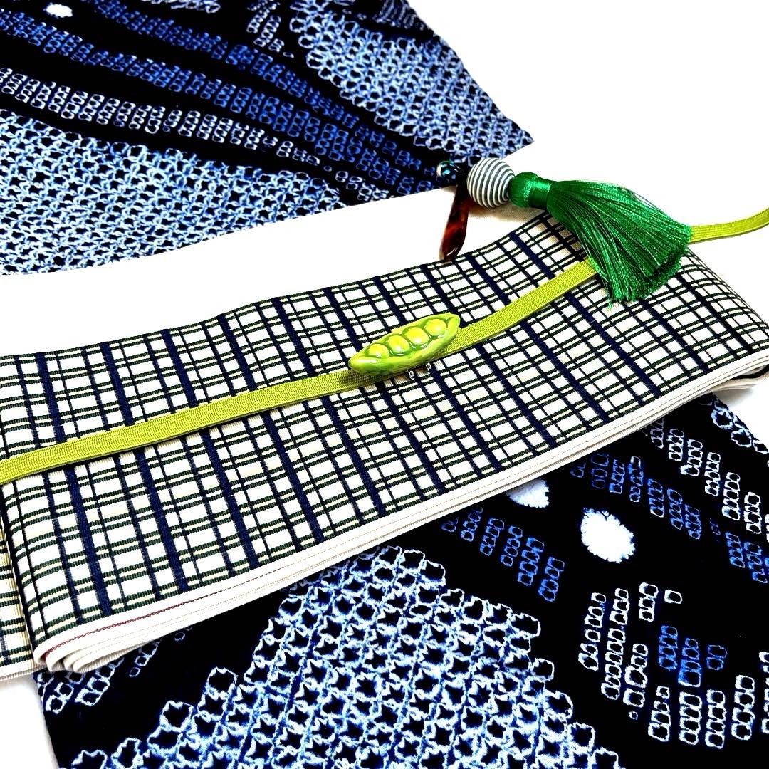 有松鳴海絞り 唐草模様 広襟そう手縫い仕立て 濃紺×ブルー 洗い済み 美品S