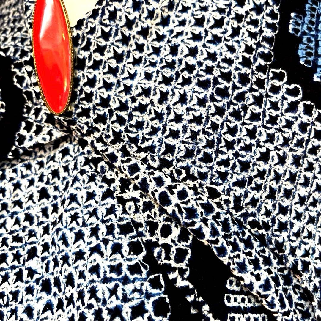 有松鳴海絞り 唐草模様 広襟そう手縫い仕立て 濃紺×ブルー 洗い済み 美品S