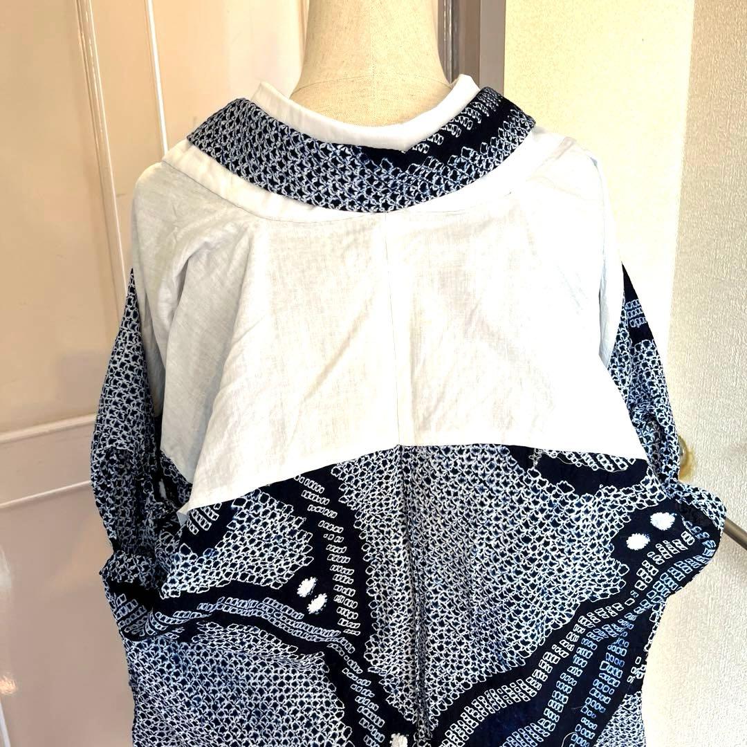 有松鳴海絞り 唐草模様 広襟そう手縫い仕立て 濃紺×ブルー 洗い済み 美品S