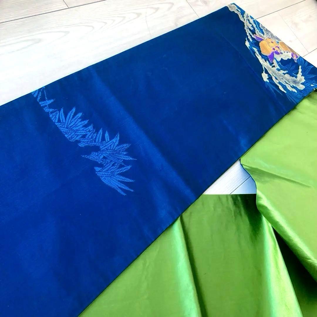 アンティーク京袋帯　小鳥の織り出し　青紺色　大正ロマン　昭和レトロ　N7-25