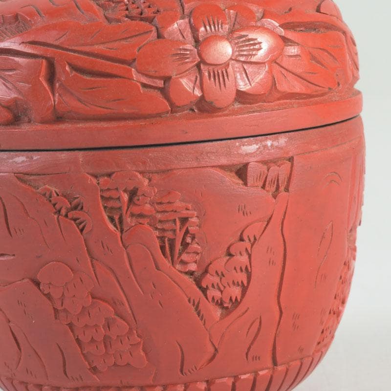 中国　剔紅　堆朱　花草山水刻　棗　時代箱　V　9767