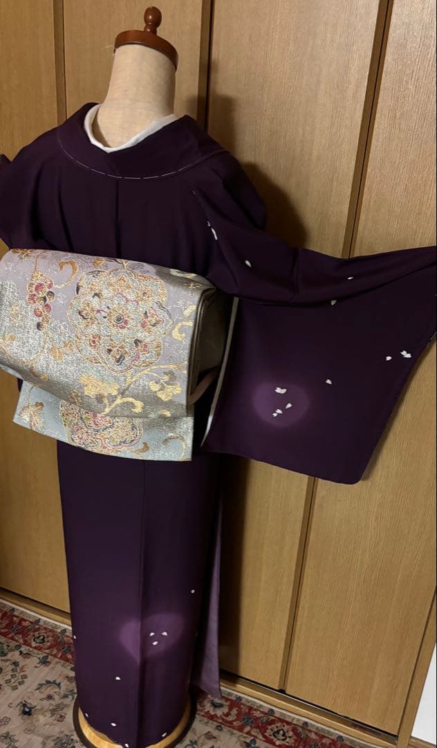 正絹縮緬　小桜、蛍暈し訪問着　 小豆紫【洛楽人工房】トール裄長 未使用　美品