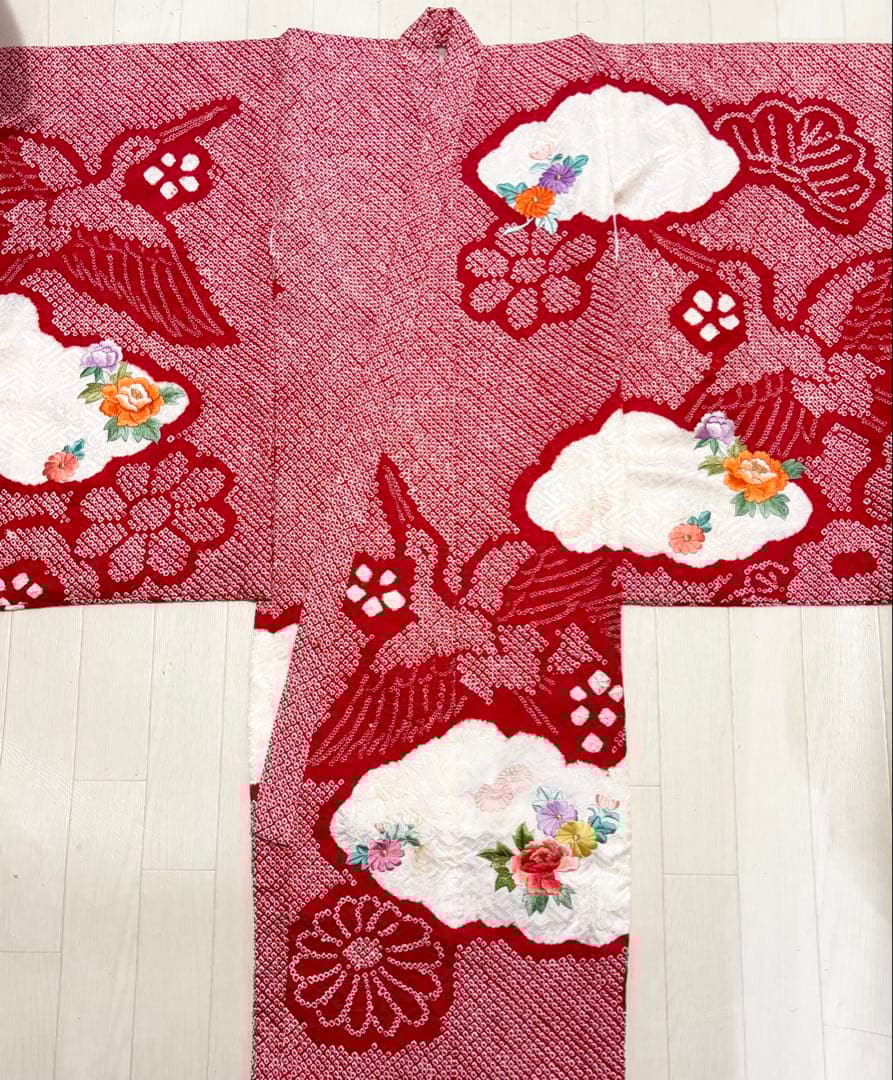 鶴　総絞り　正絹　七五三　３歳　被布　フルセット　一つ身