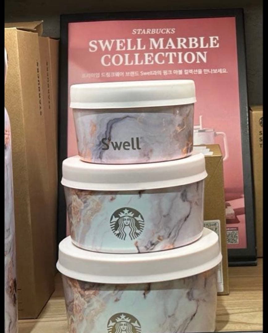 【韓国スタバ】韓国　swell スウェルフードコンテナ　ピンクマーブル　大理石調