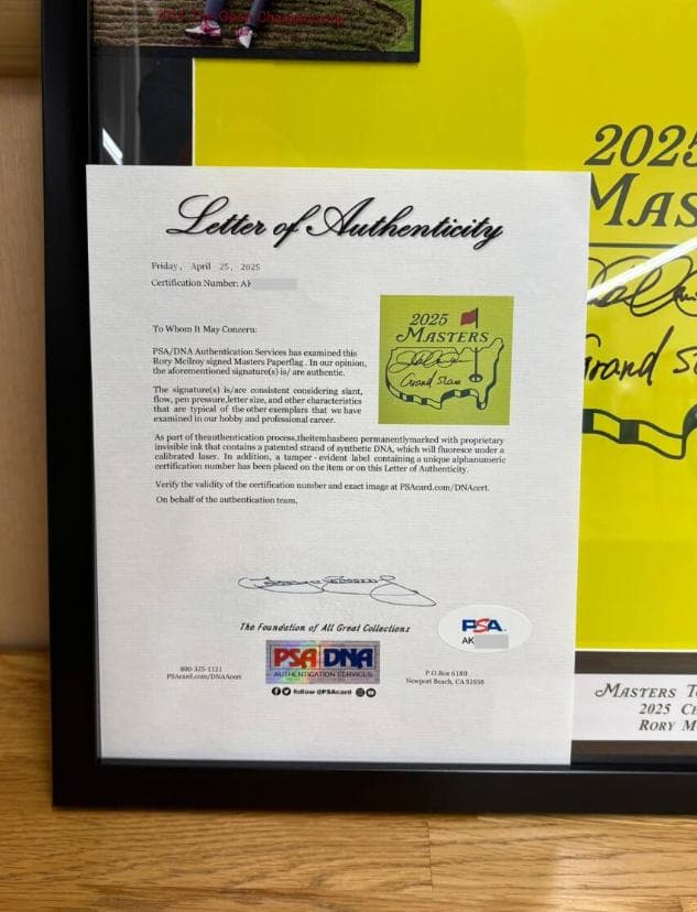 ローリー・マキロイ グランドスライム達成マスターズ優勝 直筆サイン 鑑定書付
