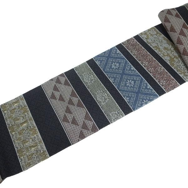 名古屋帯 九寸 京都 西陣 全通織 黒 濃赤紫 花唐草 横段 中古 kp2018
