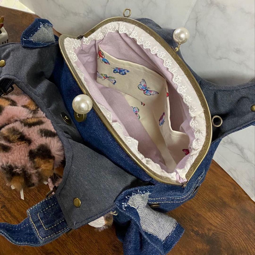 m*e様 コヤンイサムチョン デニムリメイク【がま口バッグ】フリルバッグ ハンド