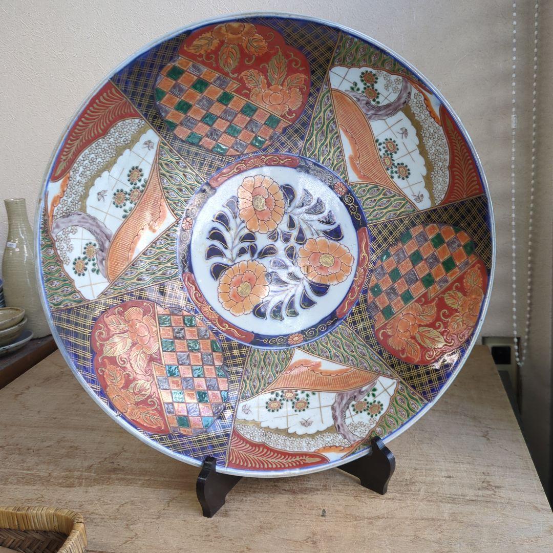 骨董 伊万里 直径45.7cm 大皿 染め錦 飾り皿 盛り皿 明治時代
