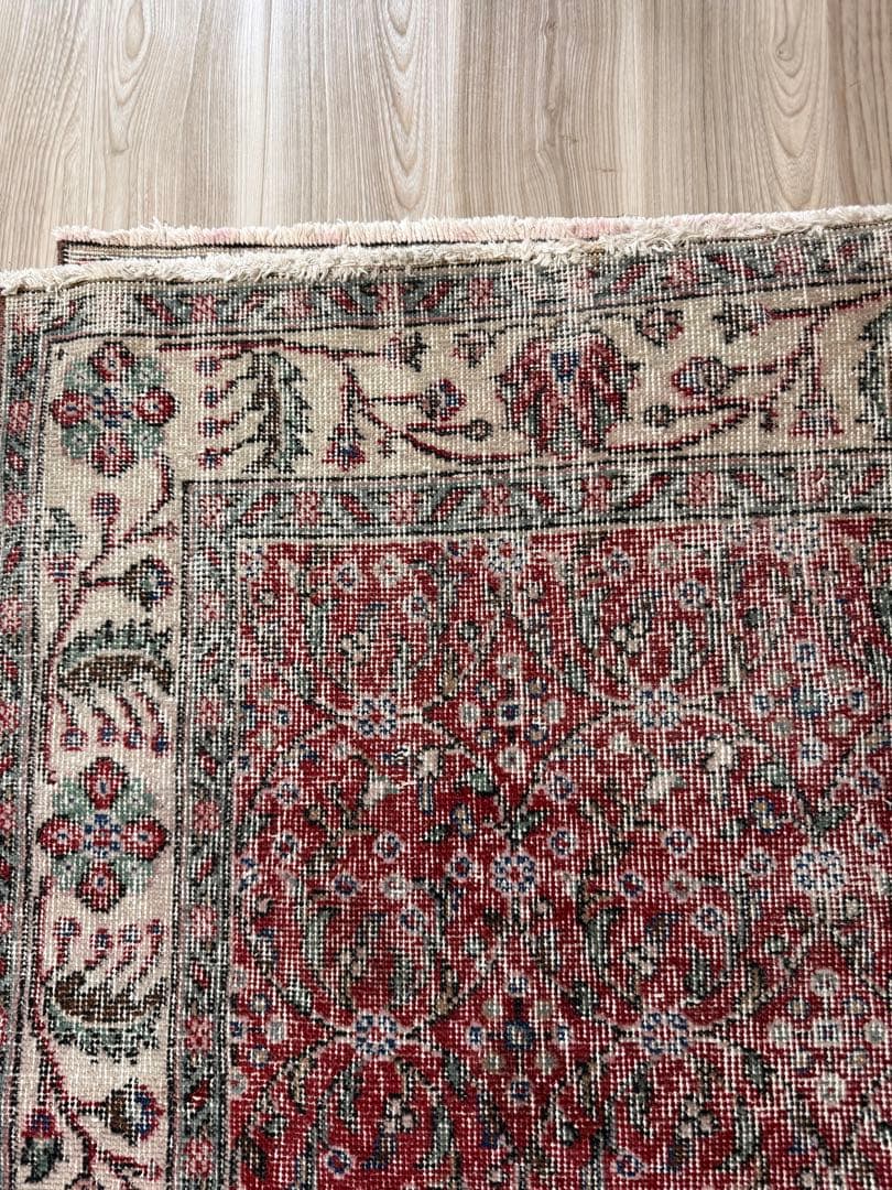 大判　162×262 クリーム縁取り　ストロベリー草花　トルコヴィンテージラグ