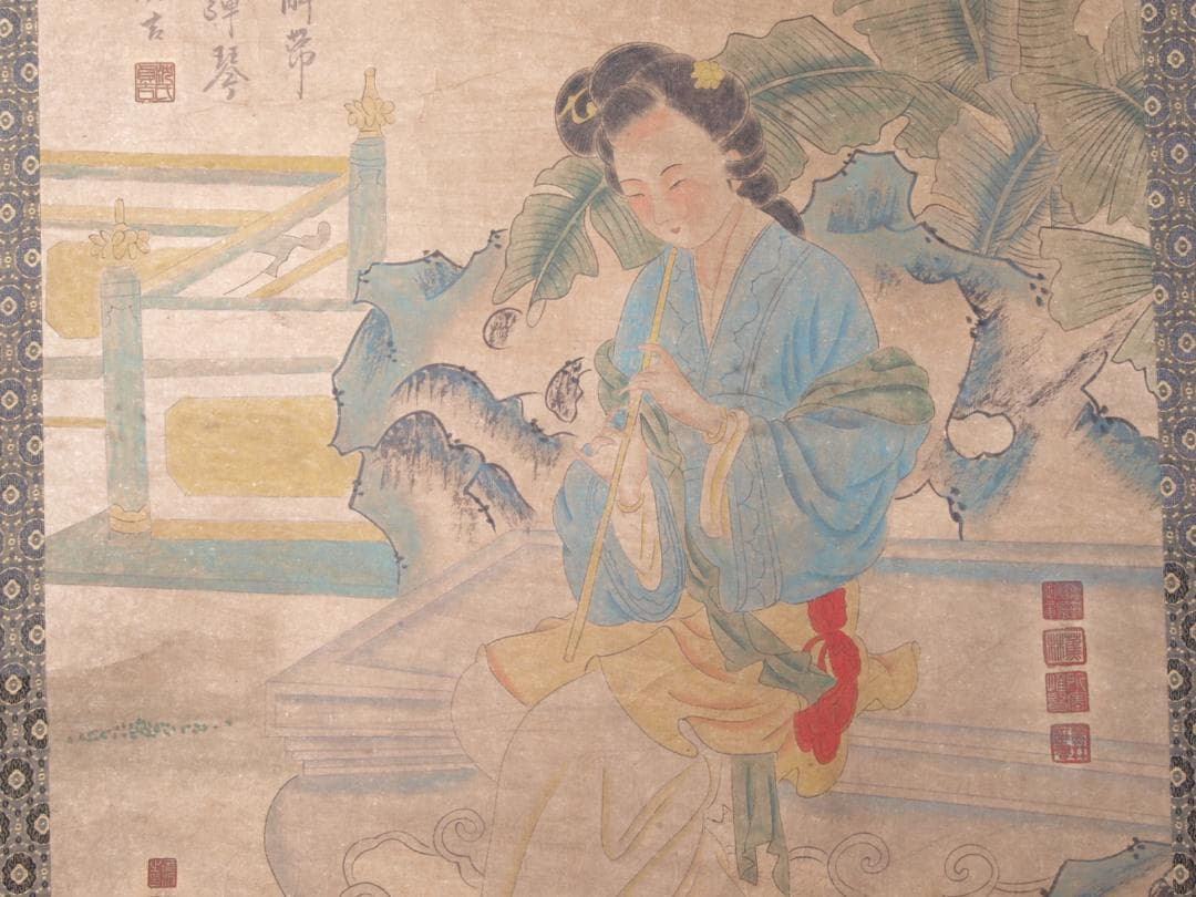 【骨董掛け軸】遊春図 中国张萱　 唐時代 肉筆保證 掛け軸AK688A12-2