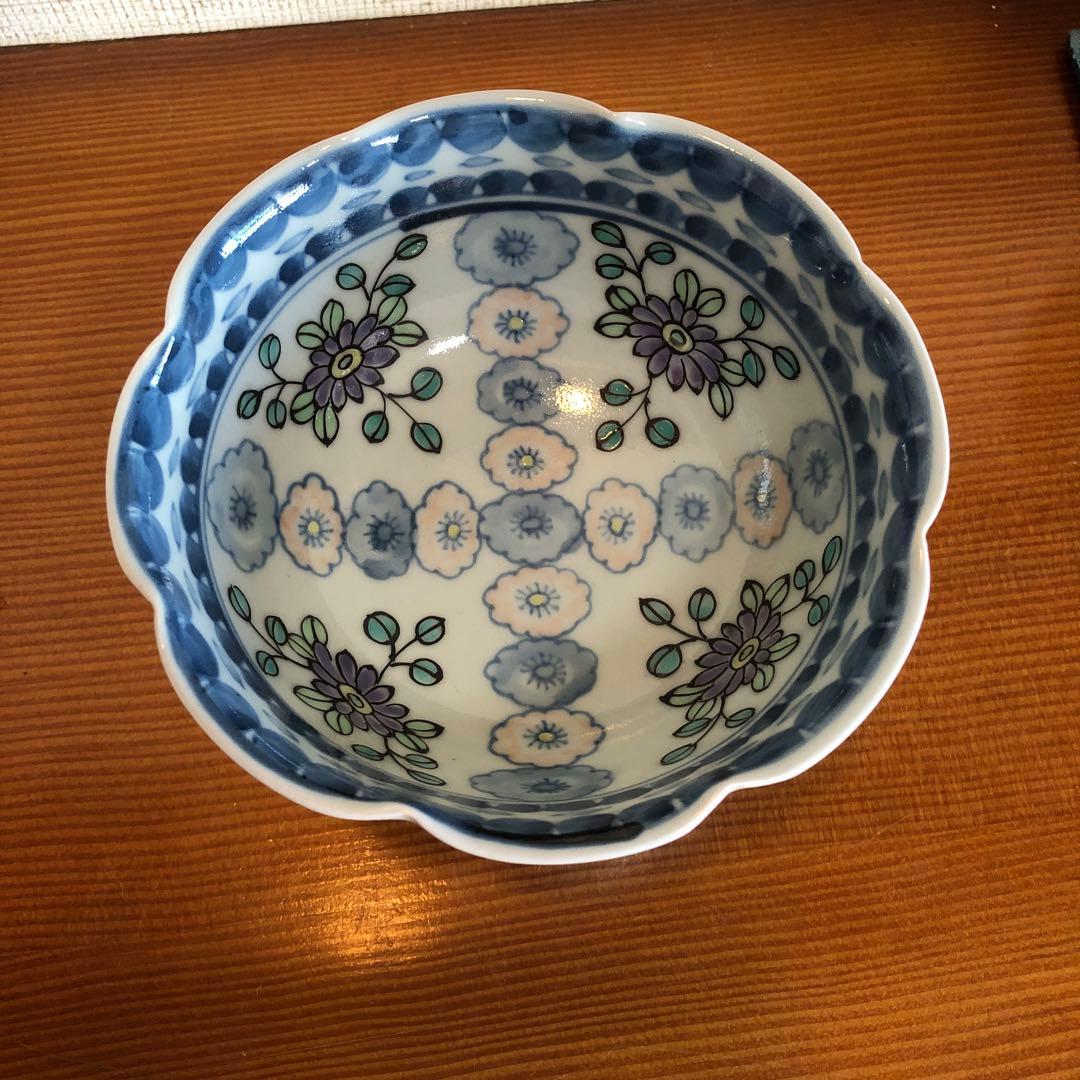 有田焼 六代走波 染錦 輪花文高杯鉢