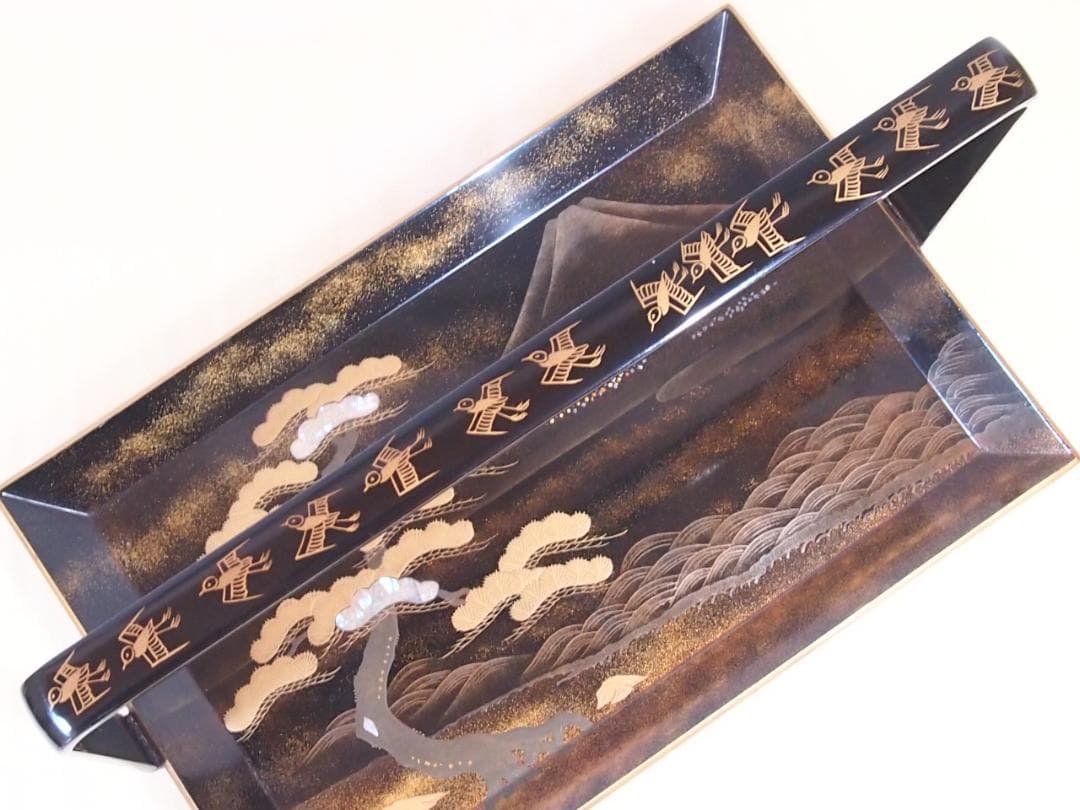 【骨董・良品】山水蒔絵 手付き盆 大小2点 三保の松原の図 古道具 検:輪島塗