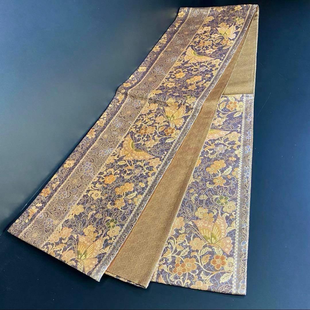 ZY-635 袋帯 蝶 花唐草 六通 縦柄 金糸 正絹 高級 名品