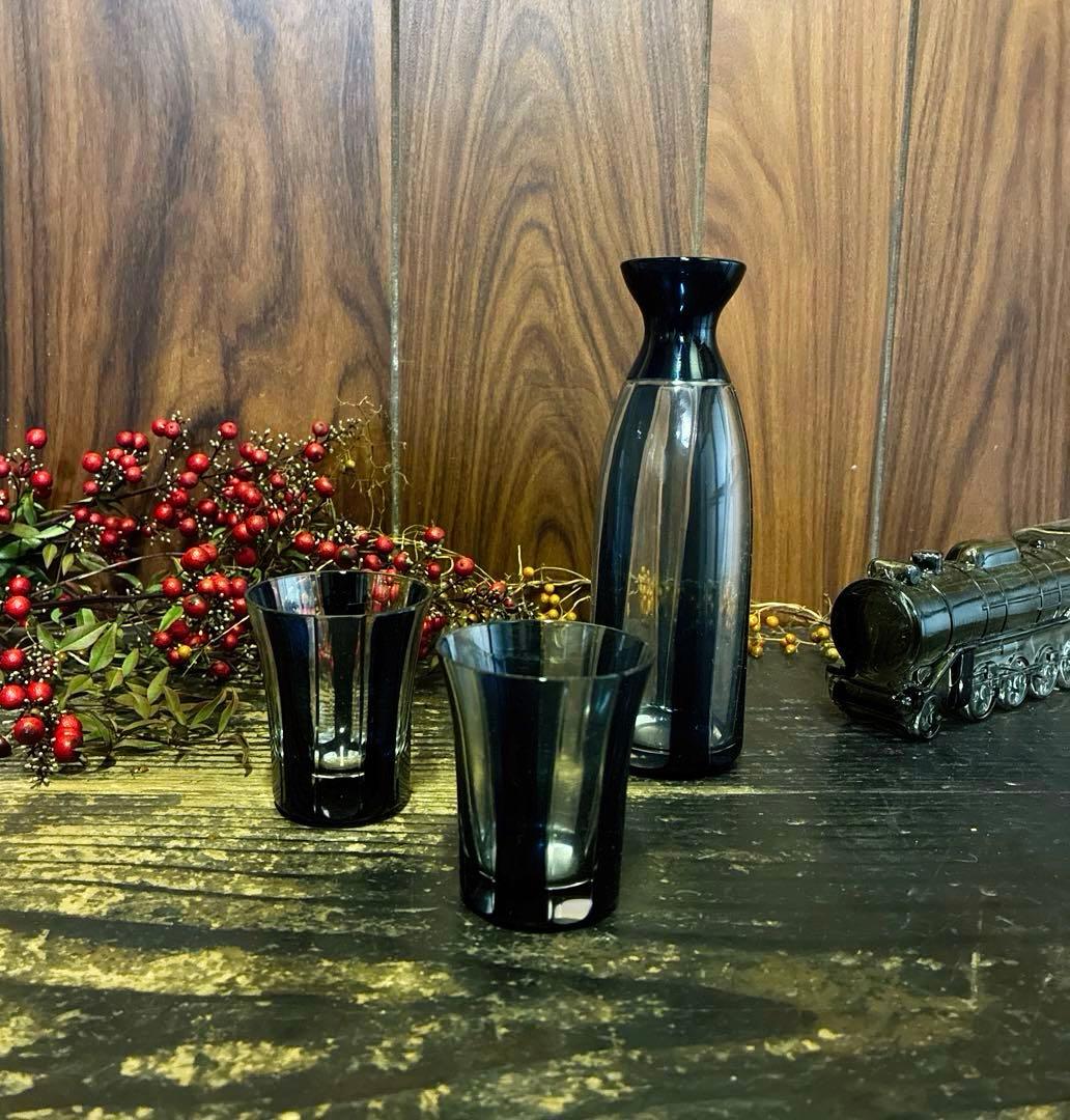 骨董　時代ガラス　希少　紺色被せ　縞　モダン切子　徳利　酒器　３点