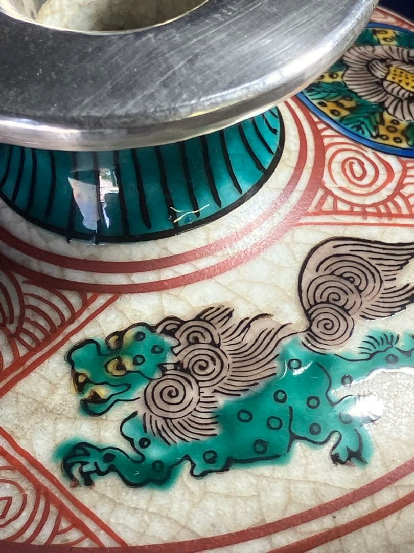 九谷焼　色絵花瓶　角福　花鳥図角型花瓶　銀修理品　レア　骨董品