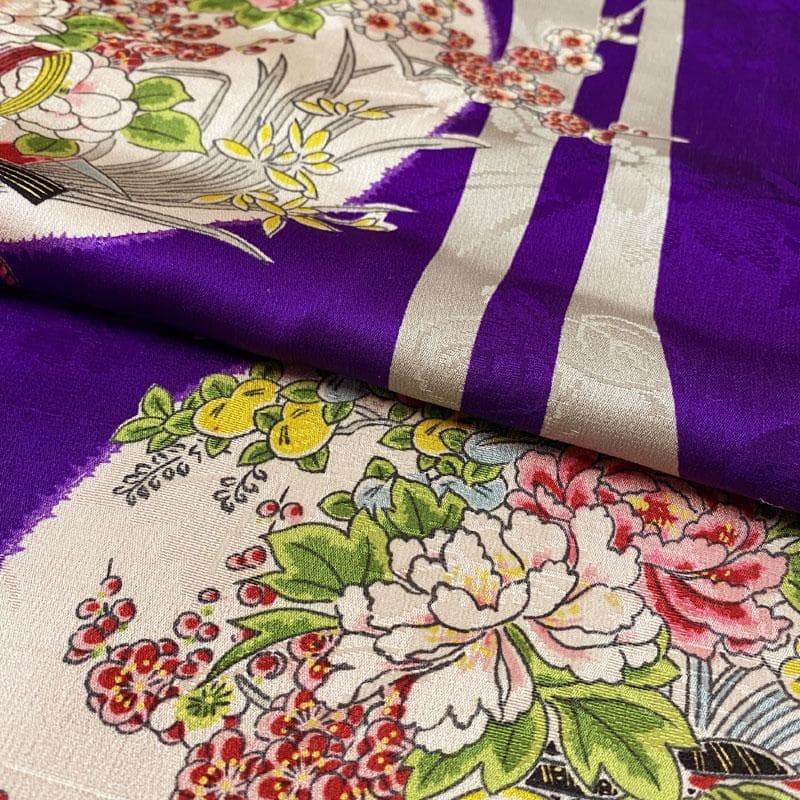 601ag24◎七五三 七歳 女児 アンティーク着物&丸帯&長襦袢 総柄 紫◎