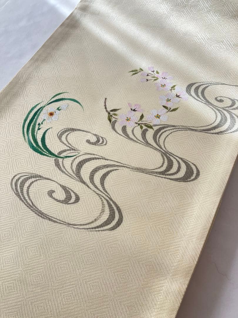 早春の花々 手描きの袋帯