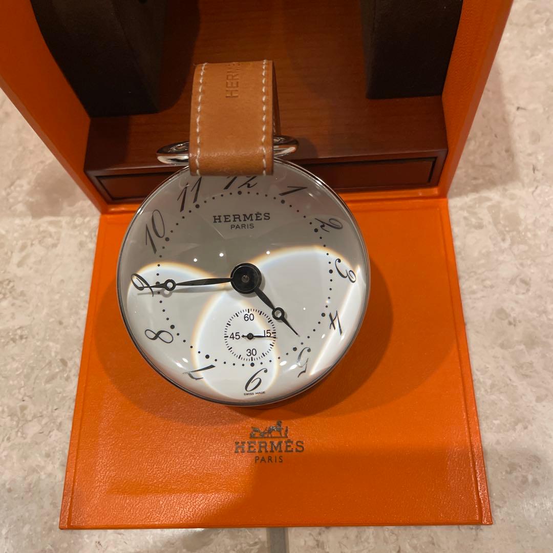 HERMES 置時計 シルバー メタル レザー　時計　手巻き