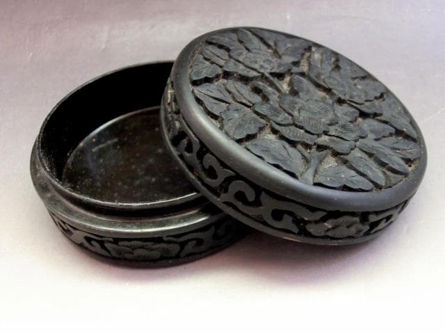 香合■鳥井 木彫り 牡丹 唐草 古い丸香合 お茶道具 古美術 時代物 骨董品■