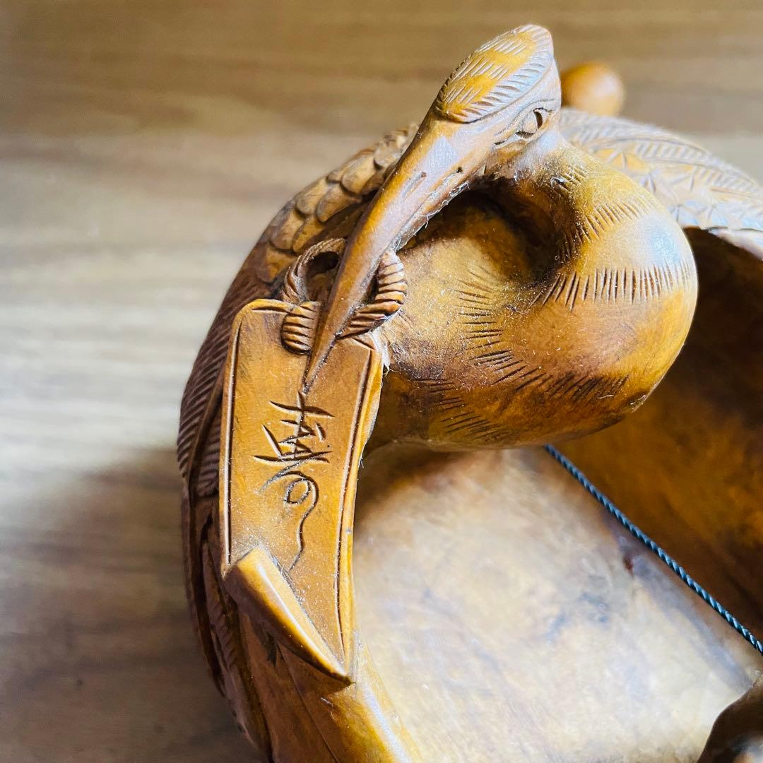 墨壺 墨つぼ 270mm 鶴 亀 龍 魚 寿 木彫 彫刻 大工道具 置物