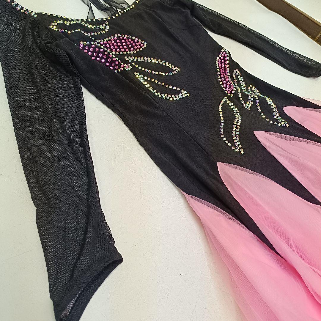 【ステージ衣装】ラインストーンフリルドレス黒とピンク社交ダンス女性M寸d66