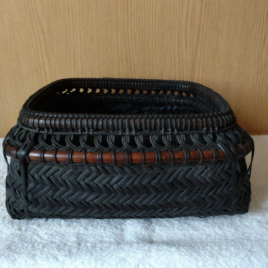 炭斗　唐物写籐組四方　竹朋斎　炉用　共箱　無傷